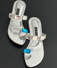Azure - Crystal Embellished Silver Flats - Zarin by Zarsah