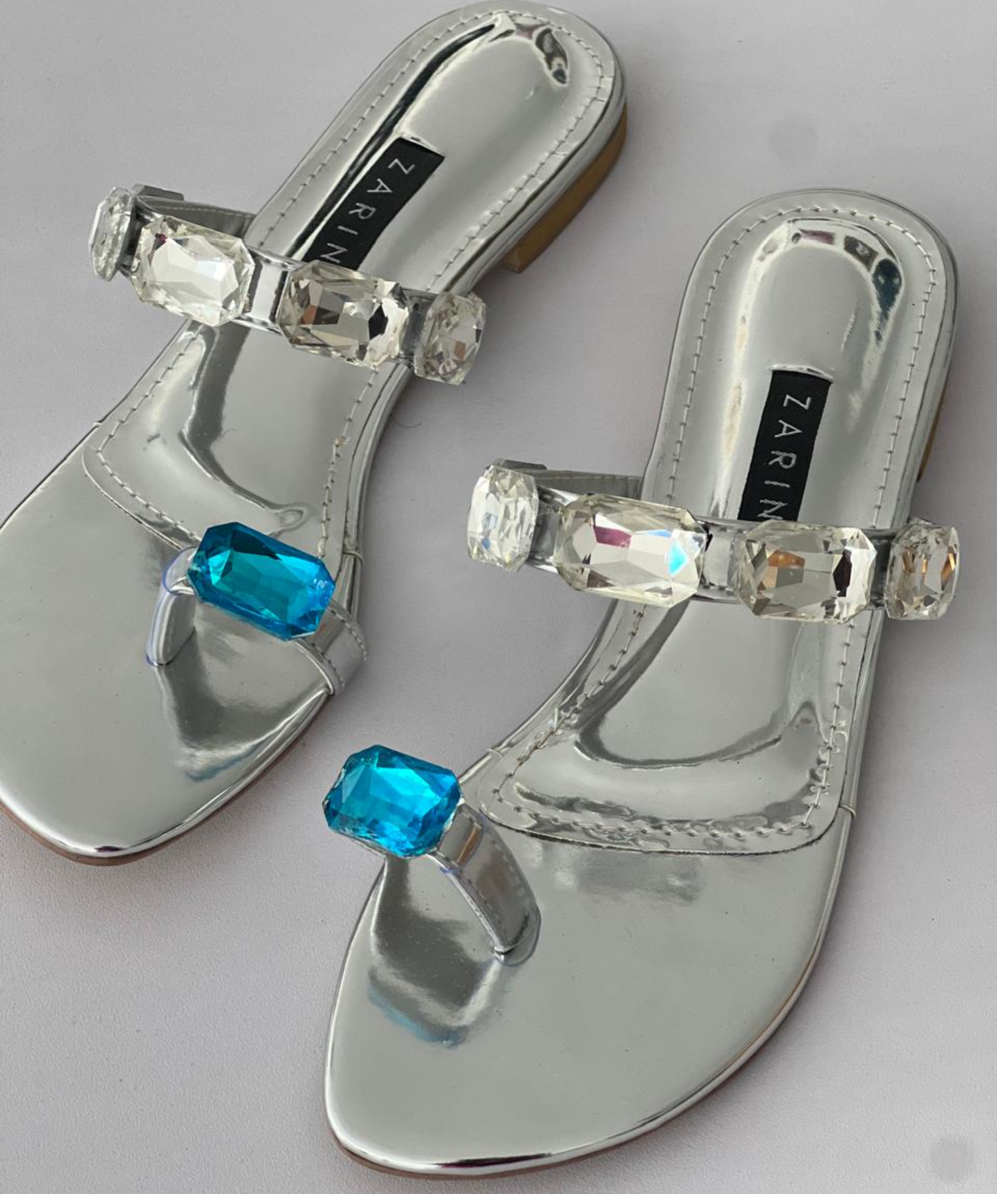 Azure - Crystal Embellished Silver Flats - Zarin by Zarsah