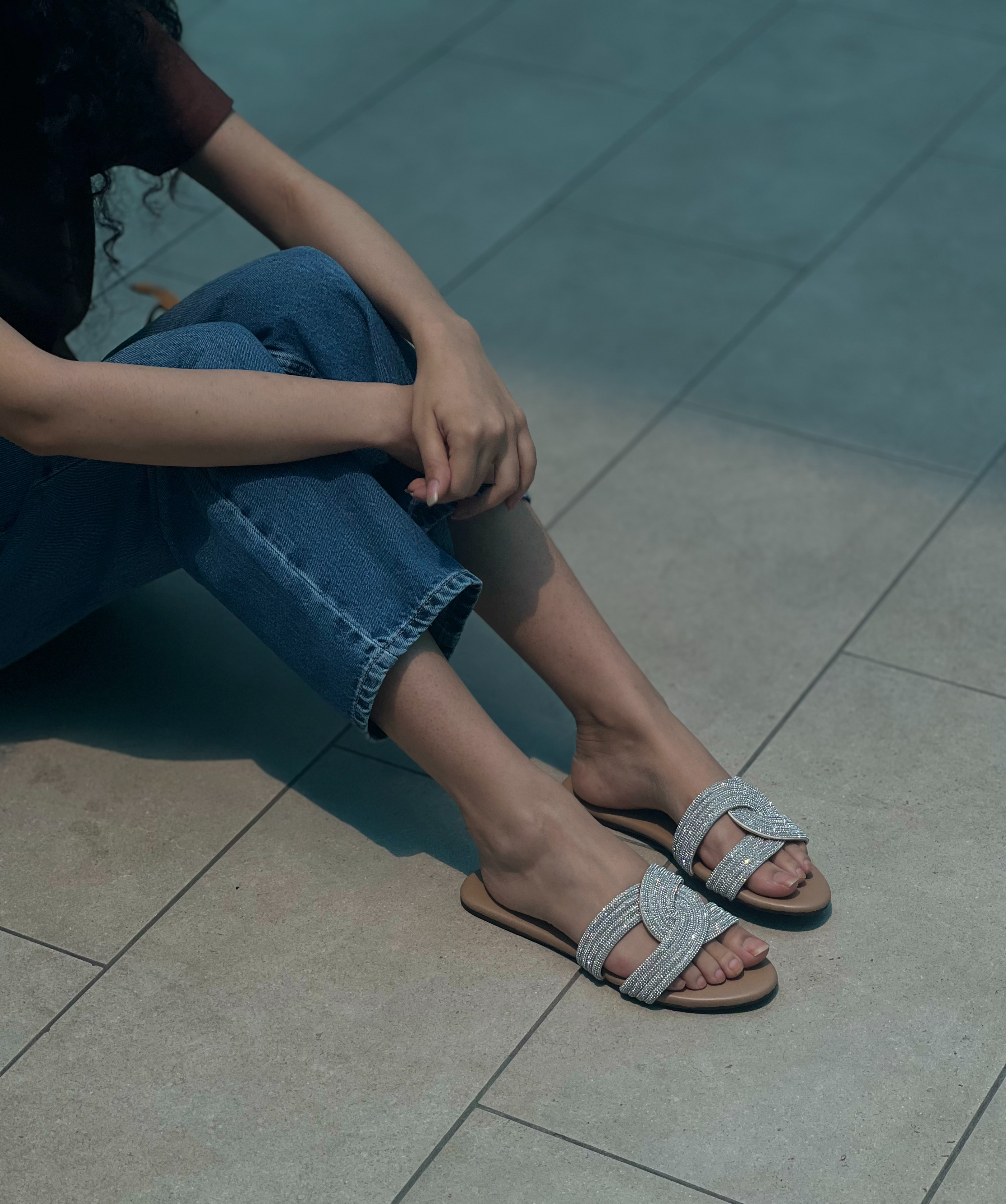 silver knotted crystal slides for women