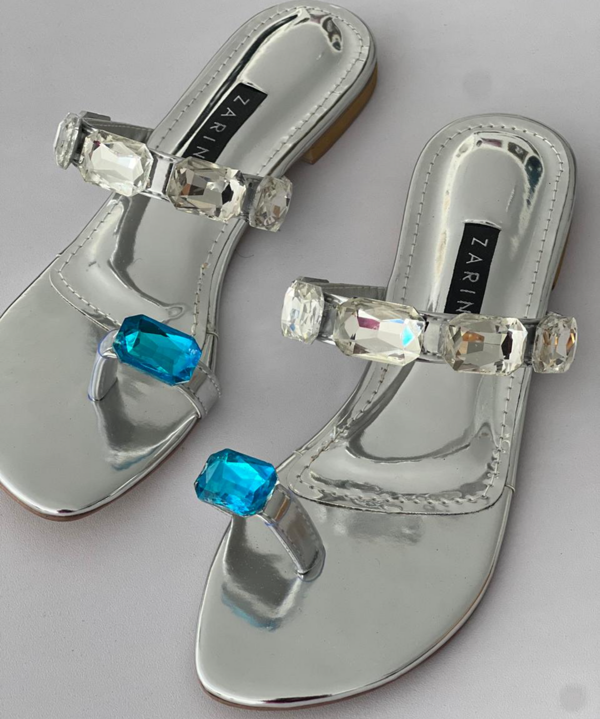 Azure - Crystal Embellished Silver Flats - Zarin by Zarsah
